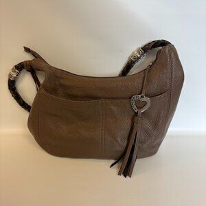 BRIGHTON Barbados Brown Pebbled Leather Hobo Shoulder Bag With Braided Handle